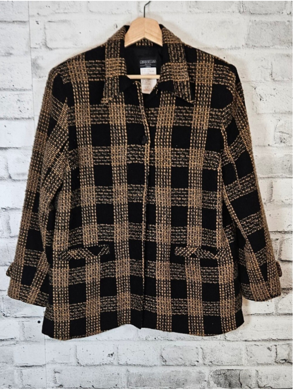 Lana Studio Petite Wool Blend Plaid Jacket Size 16 Black Tan
